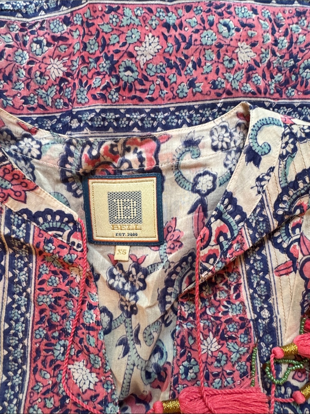 Bell cotton pink and blue boho tunic with pink tassels. XS.